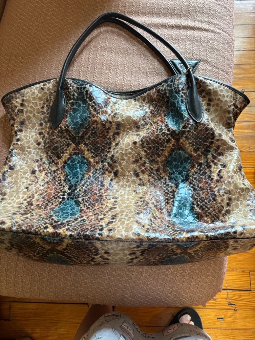 Sorial Snake-Print Tote in Brown with Teal Accents